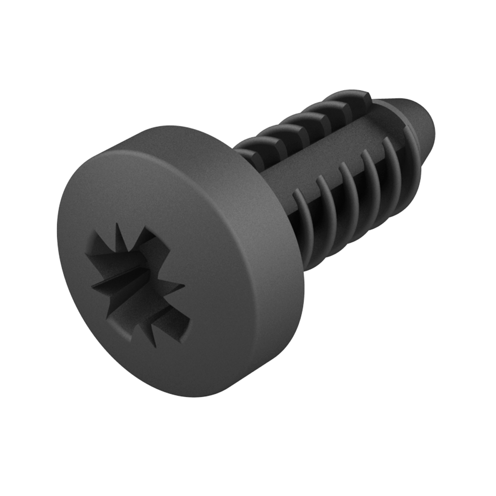 Unsere Klammer- Schraube mit einem <b>zylindrisch Pozidrivkopf</b> hat ein hybrides Design welches die Vorteile einer <b>Klammer</b> mit denen einer <b>Schraube</b> und denen eines <b>Stopfens</b> verbindet. <br><br>
<I>*Einfache manuelle Installation, sie wird mit Druck in ein Gewinde fixiert mit der Möglichkeit es zu einem späteren Zeitpunkt fester zu ziehen. Ausserdem gibt es die Möglichkeit den Artikel mit einem Kreuzschlitzschraubendreher zu entfernen, wie mit einem normalen Schraubenzieher auch. <br>
*Geeignet zum Verbinden von zwei Platten mit metrischen Vorprägungsloch und zum schützen oder Verschliessen von Gewindelöchern.<br>
*Bietet einen sehr guten Gripp und einen guten Abschluss. Hergestellt ist der Artikel aus Nylon 66, das der Norm UL94V2 entspricht und korrosions-, abrieb - und vibrationsbeständig ist. <br><br></i>
<b>Drücken Sie es wie eine Büroklammer, entfernen Sie es wie eine Schraube!</b>