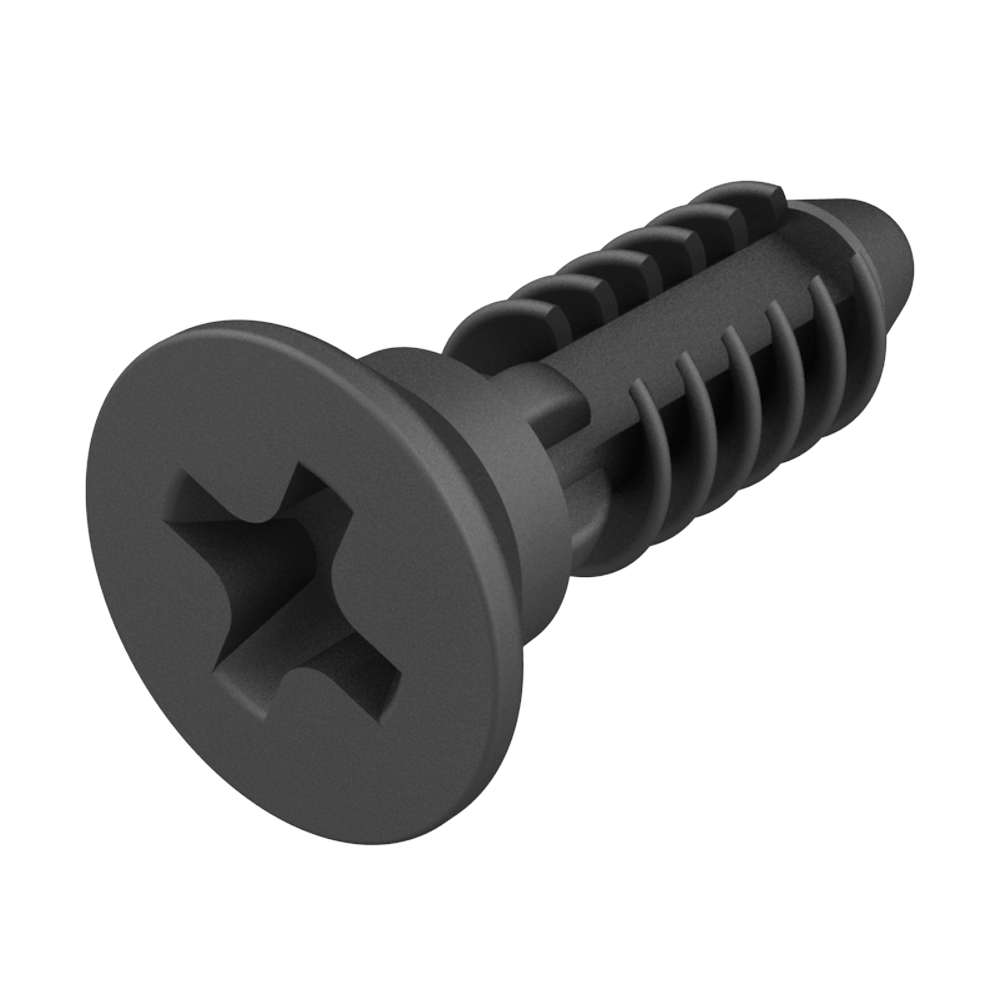 Unsere Klammer-Schraube mit einem <b>Kreuzschlitz-Senkkopf</b> hat ein hybrides Design, das die Vorteile einer <b>Klammer</b> mit denen einer <b>Schraube</b> und eines <b>Stopfens</b> verbindet. <br><br>
<i>*Einfache manuelle Installation, es wird mit Druck in ein Gewinde fixiert mit der Möglichkeit es zu einem späteren Zeitpunkt fester zu ziehen. Ausserdem gibt es die Möglichkeit den Artikel mit einem Kreuzschlitzschraubendreher zu entfernen, wie mit einem normalen Schraubenzieher auch.<br>
*Geeignet zum Verbinden von zwei Platten mit metrischen Vorprägungsloch und zum Schützen oder Verschliessen von Gewindelöchern.<br>
*Bietet einen sehr guten Gripp und einen guten Abschluss. Hergestellt ist der Artikel aus Nylon 66, das der Norm UL94V2 entspricht und korrosions-, abrieb - und vibrationsbeständig ist. </i><br><br>
<b>Drücken Sie es wie eine Büroklammer, entfernen Sie es wie eine Schraube!<b